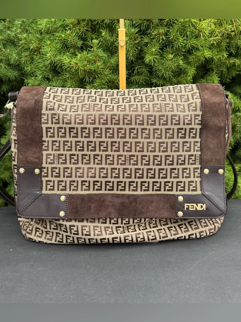 Fendi Vintage Brown Zucca Canvas and Suede Messenger Bag